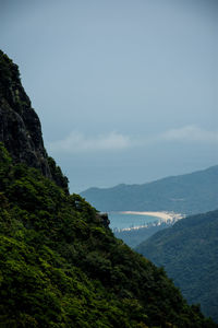 Scenic view of sea and mountains against sky