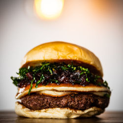 Close-up of burger on table