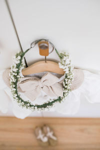 High angle view of white rose on table