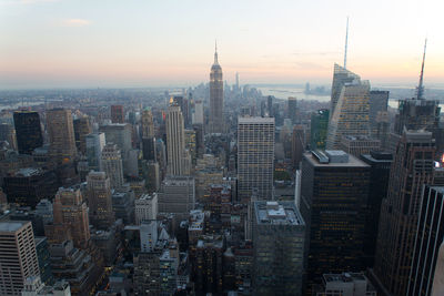 Aerial view of cityscape at sunset