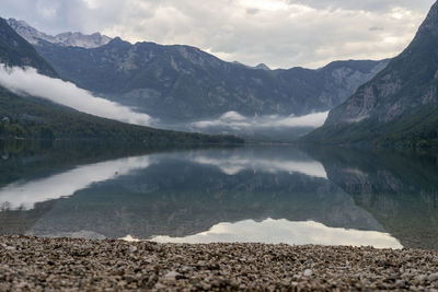 Scenic view of lake and mountains against sky