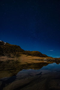 Scenic view of mountains against sky at night