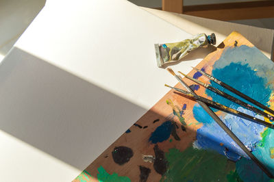 High angle view of paintbrushes and paint on canvas