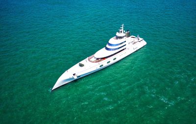 High angle view of ship sailing in sea