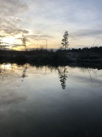 Scenic view of lake against sky at sunset