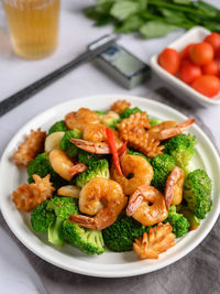 High angle view of salad served in plate on table