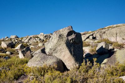 Scenic view of mountain against clear blue sky