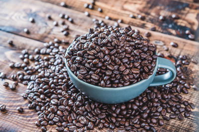 High angle view of coffee beans on table