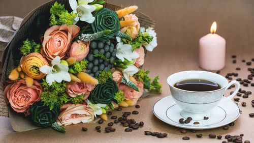 High angle view of roses on table