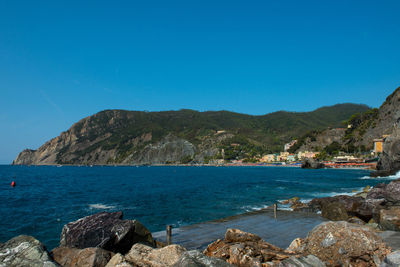 Scenic view of sea against clear blue sky