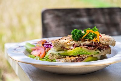 Close-up of food served on table