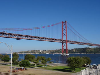 View of suspension bridge against clear sky