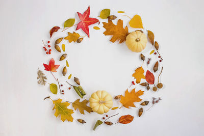 Directly above shot of christmas decorations on white background