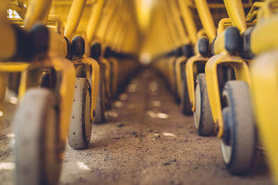 Yellow shopping carts on footpath