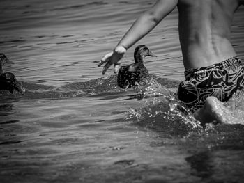 Midsection of man swimming in sea