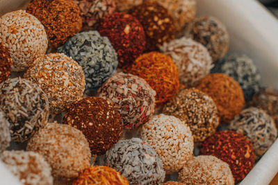 Assorted handmade truffle chocolates candies made from organic ingredients. raw food diet 