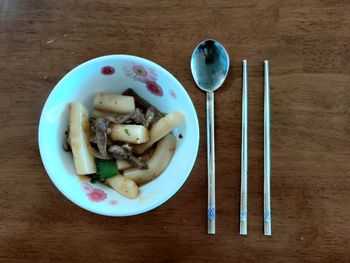 High angle view of breakfast served on table