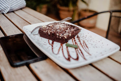 High angle view of cake in plate on table