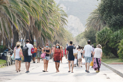 Rear view of people walking on palm trees