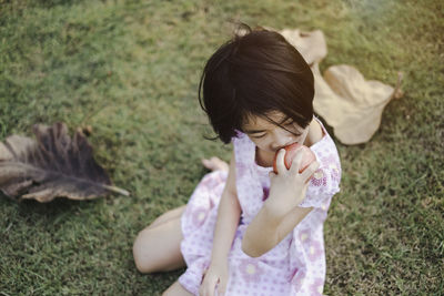 High angle view of girl on field
