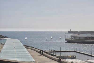 High angle view of sea against clear sky