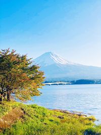 Scenic view of lake by mountain against clear blue sky