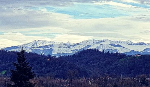 Scenic view of snowcapped mountains against sky