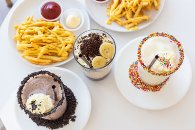 High angle view of breakfast served on table