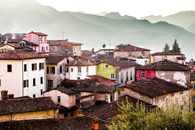 Italian village barga panorama at sunset, tuscany, lucca, italy