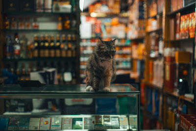 A cat sits on the counter in a small shop