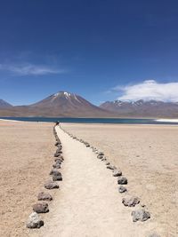 Scenic view of desert against blue sky