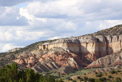 Scenic view of rocky mountains against cloudy sky