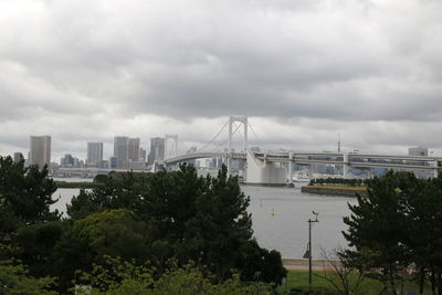 Bridge over river in city against sky