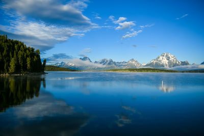 Scenic view of lake against blue sky