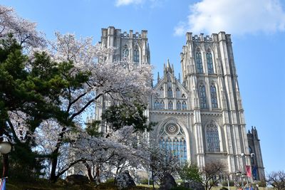 Low angle view of trees and building against sky