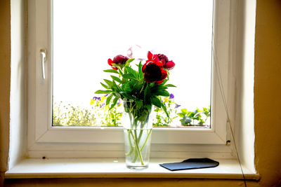 Close-up of red vase on window sill