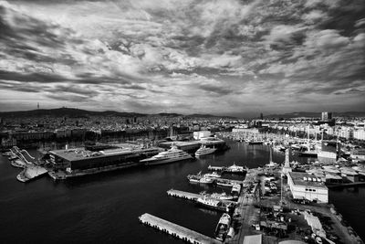 High angle view of harbor against sky