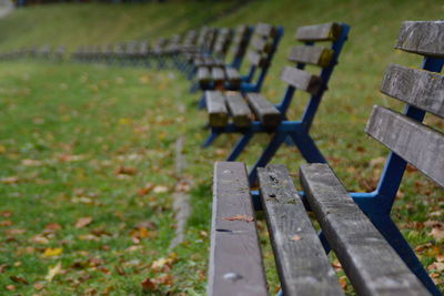 Close-up of benches on grass