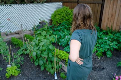 Rear view of woman with hand on hip standing by plants at garden