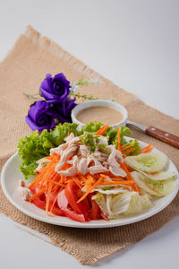 High angle view of salad in bowl on table