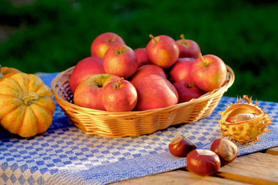 Close-up of fruits in basket on table