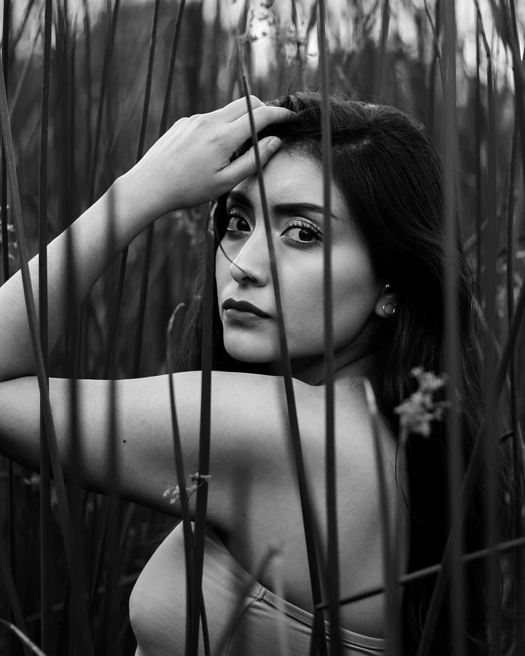 one person, black and white, portrait, women, young adult, black, adult, monochrome photography, monochrome, plant, female, photo shoot, looking at camera, fashion, portrait photography, white, tree, headshot, nature, hairstyle, lifestyles, looking, long hair, front view, leisure activity, outdoors, standing, person, land, focus on foreground