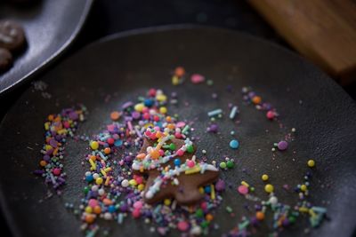 High angle view of multi colored cake