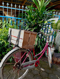Abandoned bicycle against plants
