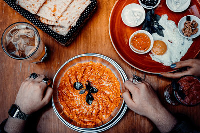 High angle view of breakfast served on table