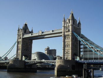 Suspension bridge over river in city