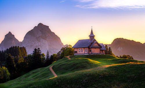 Small wooden church in village of stoos in canton of schwyz in switzerland