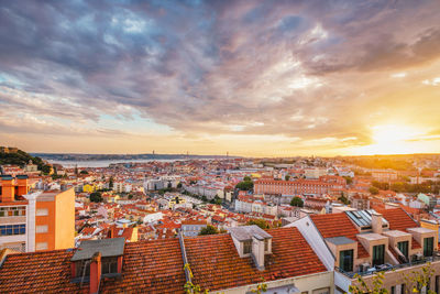 High angle view of townscape against sky during sunset