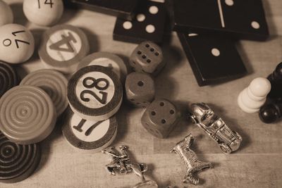 High angle view of objects on table