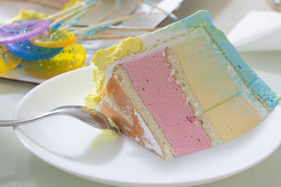 High angle view of cake in plate on table